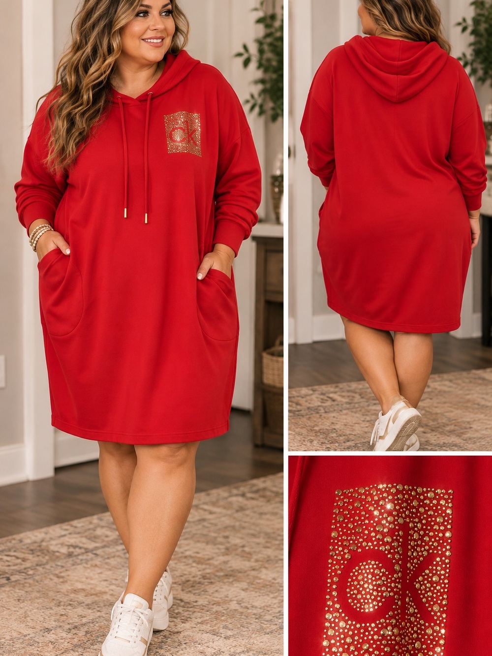 Calvin Klein Red Hooded Sweatshirt Dress with Gold Logo